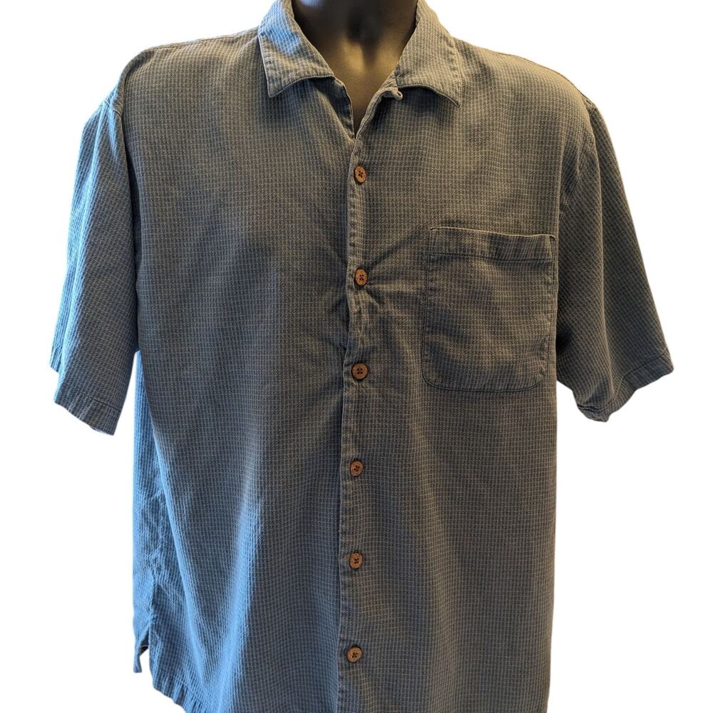 Tommy Bahama Mens Large Short Sleeve Shirt Blue Button Front Cotton Camp Collar